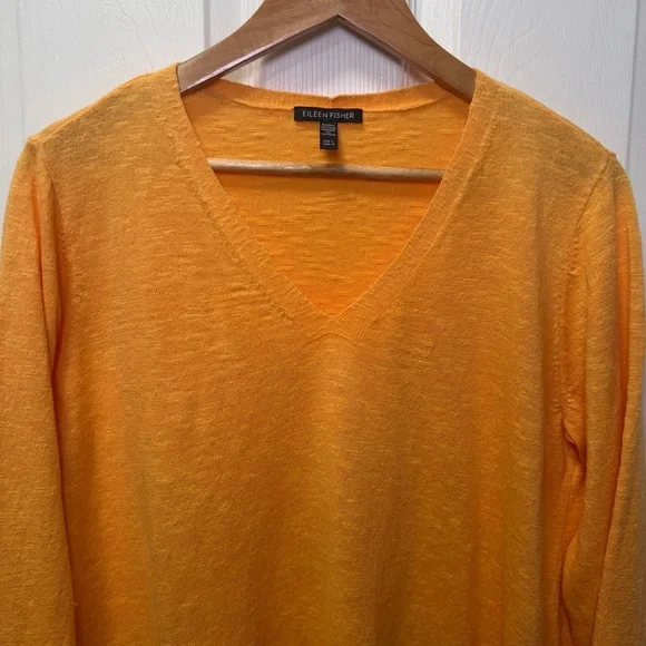 Eileen Fisher Linen Cotton V-Neck Sweater Orange/Yellow Boxy High Low Large L - Picture 2 of 8